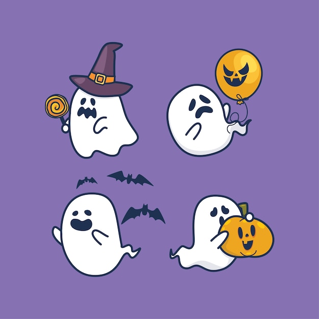 Conjunto de fantasmas de halloween de diseño plano lindo kawaii Vector Premium