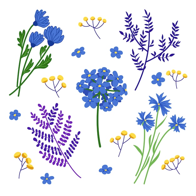 Conjunto De Flores Silvestres Azules Y Hoja De Imagenes Predisenadas Elementos De Decoracion De Vector Plano Aislados En Blanco Vector Premium