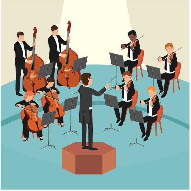 Conjunto De Grupo De Orquesta Con El Conductor En El Escenario Vector