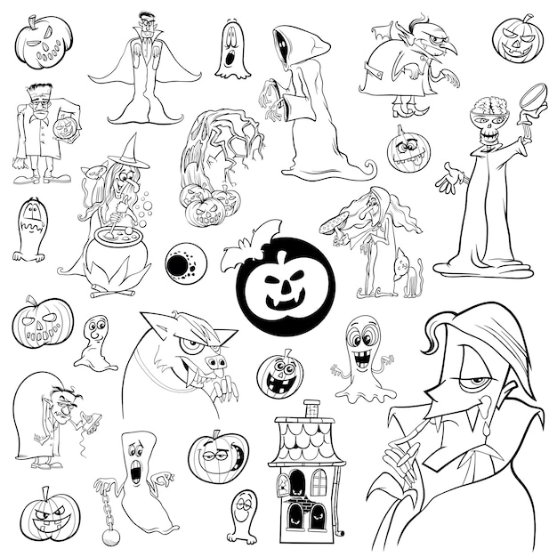 Conjunto de halloween blanco y negro | Vector Premium