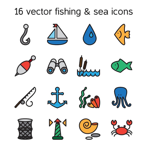 Conjunto De Iconos Aislados De La Marina Y La Pesca Vector Premium