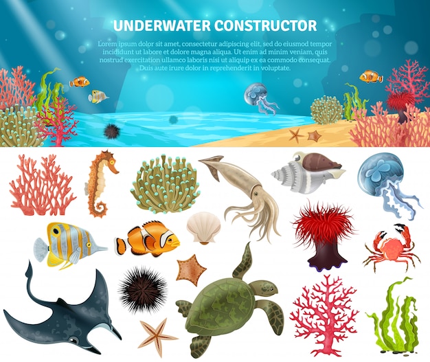 Conjunto de iconos aislados de sea life constructor vector gratuito