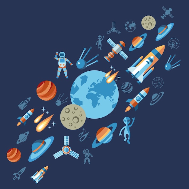 Conjunto de iconos de astronomía espacio y cohetes Vector Premium