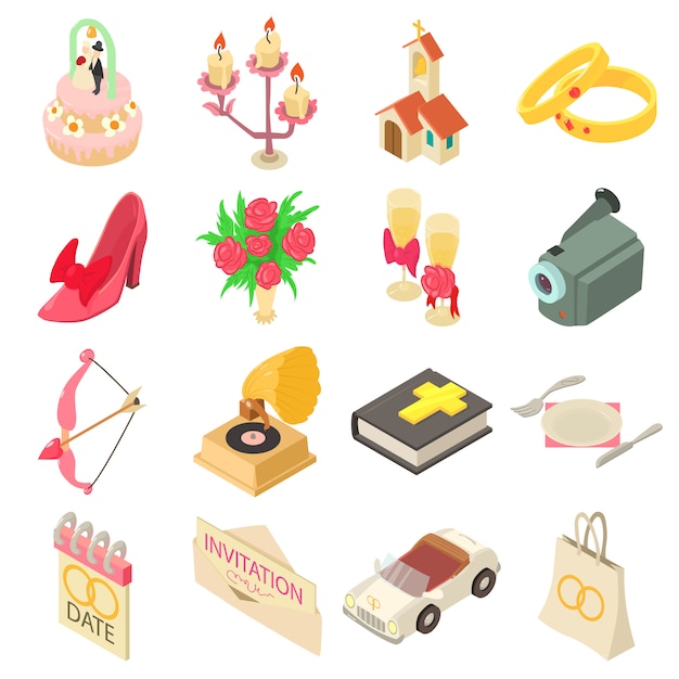 Conjunto de iconos de boda. ilustración isométrica de 16 iconos de vector de boda para web Vector Premium