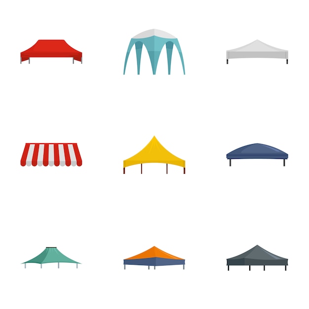 Conjunto de iconos de carpa plegable, estilo plano Vector Premium