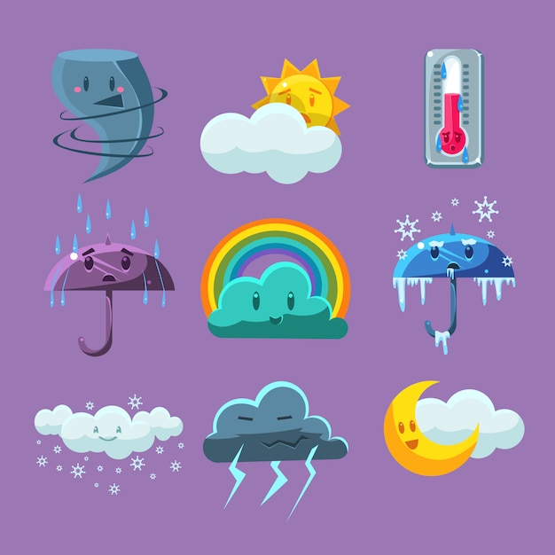 Conjunto De Iconos De Clima De Dibujos Animados Vector Premium