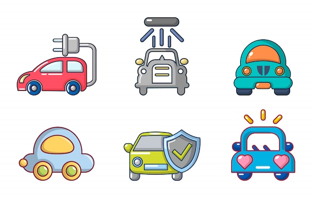 Conjunto de iconos de coche. conjunto de dibujos animados de conjunto de iconos de vector de coche aislado Vector Premium