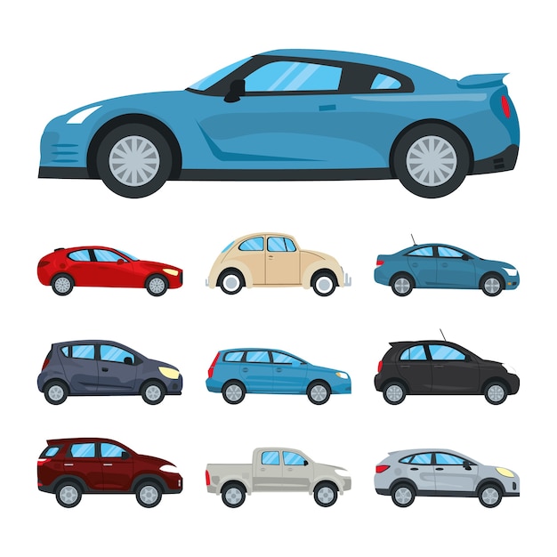 Conjunto De Iconos De Coches Y Coches Deportivos Azul Sobre Fondo Blanco Diseno Colorido Vector Premium