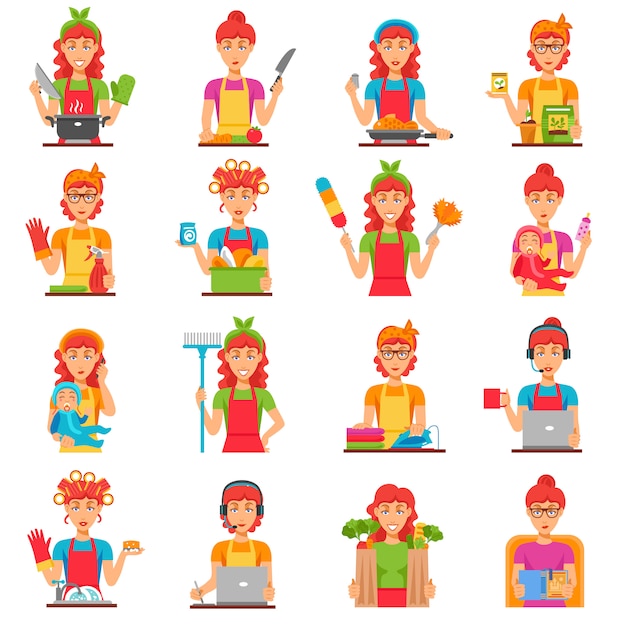 Conjunto de iconos de color plano de ama de casa vector gratuito