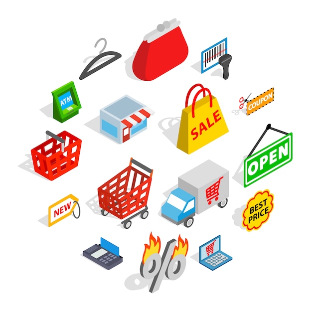 Conjunto de iconos de compras, estilo isométrico 3d Vector Premium