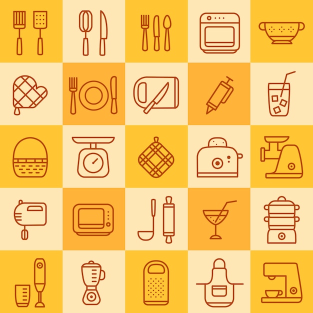 Conjunto de iconos de diferentes tipos de utensilios de cocina Vector Premium