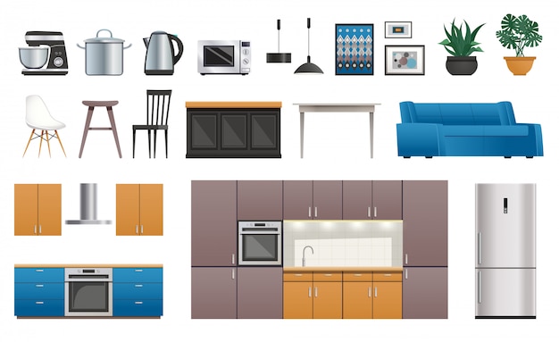 Conjunto de iconos de elementos interiores de cocina vector gratuito