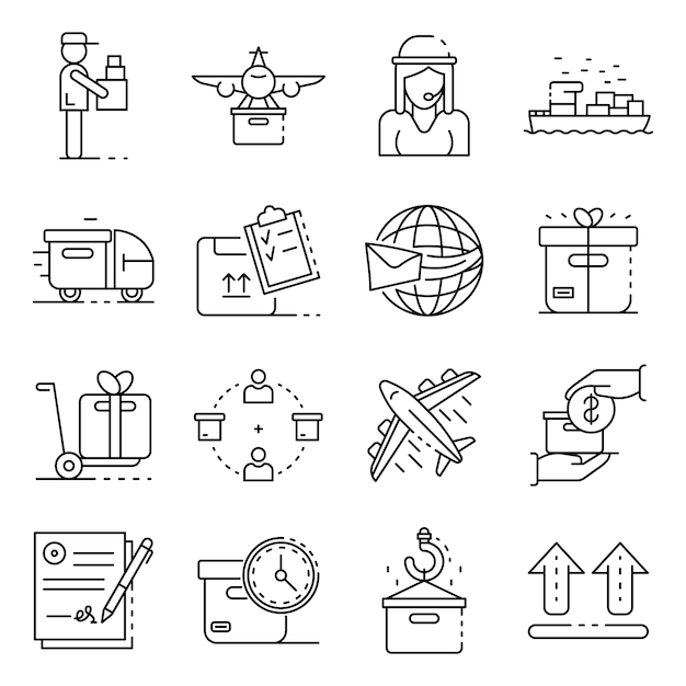 Conjunto de iconos de entrega de paquetes. esquema conjunto de iconos de vector de entrega de paquetería Vector Premium