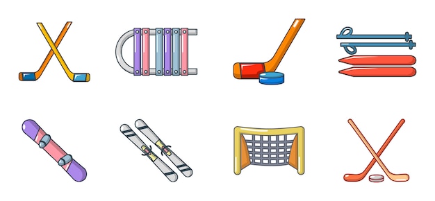 Conjunto de iconos de equipos de deporte de invierno. conjunto de dibujos animados de iconos de vector de equipo de deporte de invierno conjunto aislado Vector Premium
