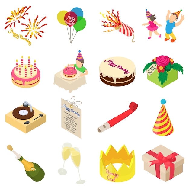 Conjunto de iconos de fiesta de cumpleaños. ilustración isométrica de 16 iconos de vector de fiesta de cumpleaños para web Vector Premium