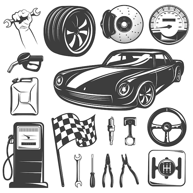 Conjunto De Iconos De Garaje Negro De Reparacion De Automoviles Con Accesorios De Herramientas Y Equipos Para La Ilustracion De Vector De Taller De Reparacion De Automoviles Vector Gratis