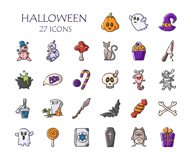 Conjunto de iconos de halloween - esquema de vector aislado calabaza, fantasma, monstruo, escoba, murciélago, caramelo, cráneo, muñeco vudú Vector Premium