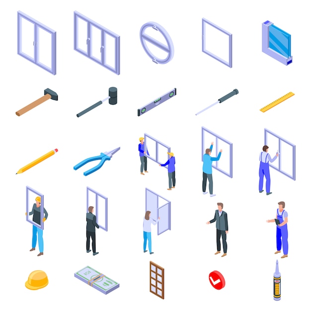 Conjunto de iconos de instalación de ventanas, estilo isométrico Vector Premium