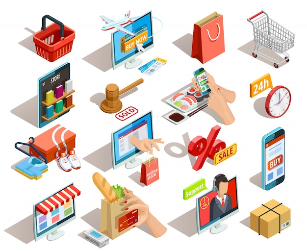 Conjunto de iconos isométricos de comercio electrónico de compras vector gratuito