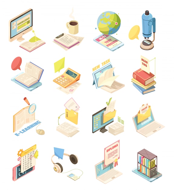Conjunto de iconos isométricos de e-learning vector gratuito