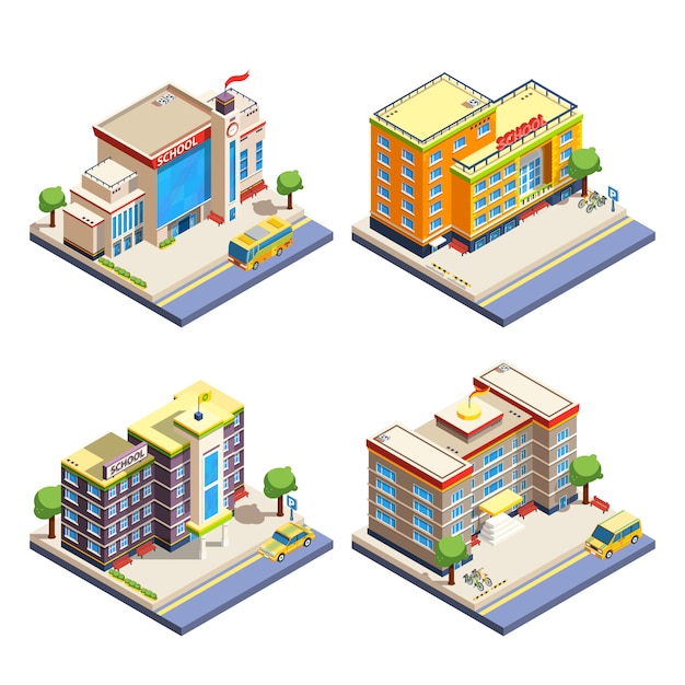 Conjunto de iconos isométricos de edificios escolares vector gratuito