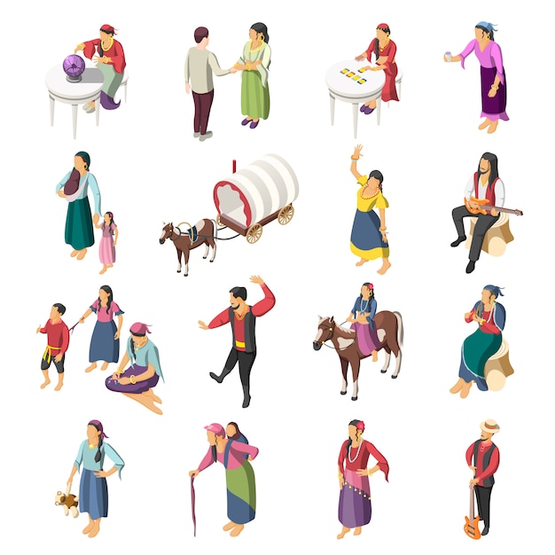 Conjunto de iconos isométricos gitanos vector gratuito