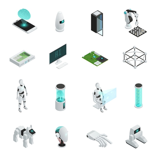 Conjunto de iconos isométricos de inteligencia artificial con electrónica y nuevas tecnologías en la vida humana. vector gratuito