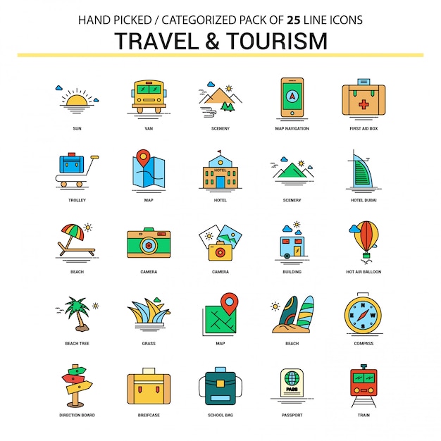 Conjunto De Iconos De Línea Plana De Viajes Y Turismo Vector Premium