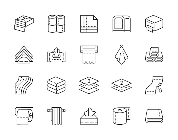 Conjunto de iconos de línea de toallas y servilletas. rollos de papel higiénico, soporte, secador de manos y más. Vector Premium