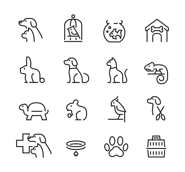 Conjunto de iconos de mascotas mínima línea delgada Vector Premium