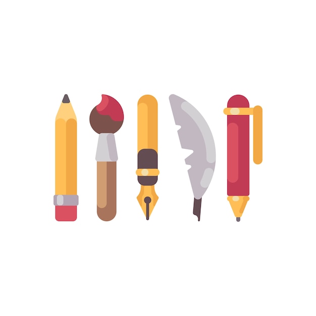 Conjunto De Iconos Planos De Herramientas De Escritura Y Dibujo Lapiz Plumas Plumas Y Pincel Vector Premium