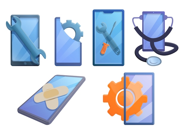 Conjunto de iconos de reparación de teléfonos móviles, estilo de dibujos animados | Vector Premium
