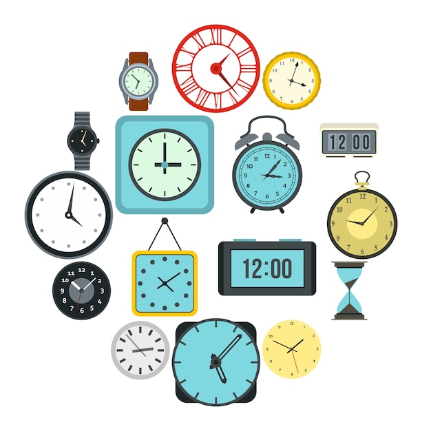 Conjunto De Iconos De Tiempo Y Reloj Estilo Plano Vector Premium