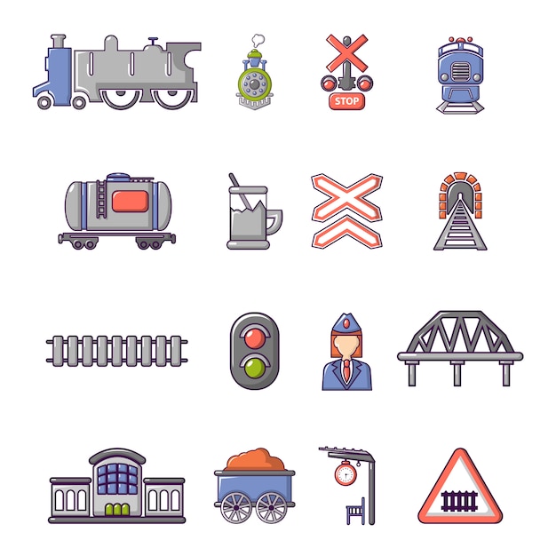 Conjunto De Iconos De Tren Ferrocarril Vector Premium