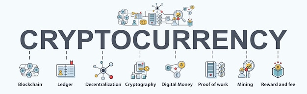 Conjunto de iconos de web de banner de criptomoneda, criptografía y dinero digital. Vector Premium