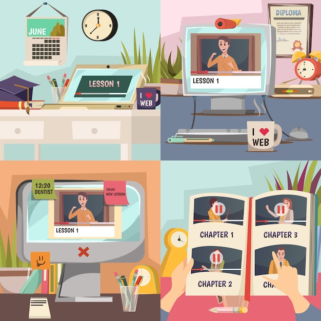 Conjunto de ilustración de educación en línea vector gratuito