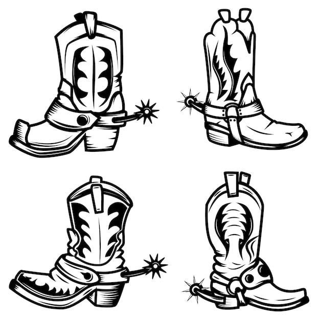Conjunto de las ilustraciones de botas vaqueras. elementos Dibujadas a mano botas vaqueras ilustración. Elemento de