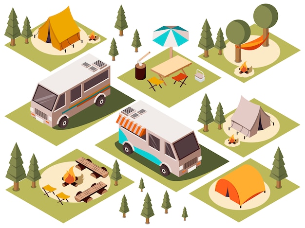 Conjunto isométrico de elementos del campamento vector gratuito