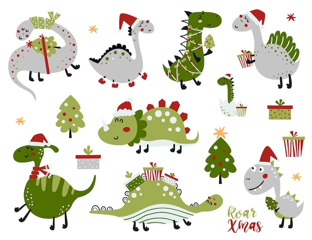 Conjunto De Lindos Dinosaurios Navide Os Vector Premium