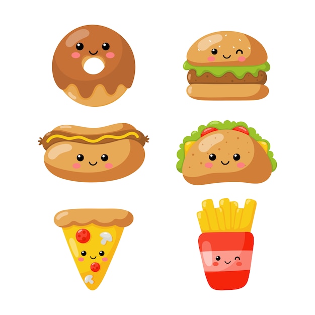 Conjunto De Lindos Divertidos Iconos De Estilo Kawaii De Comida