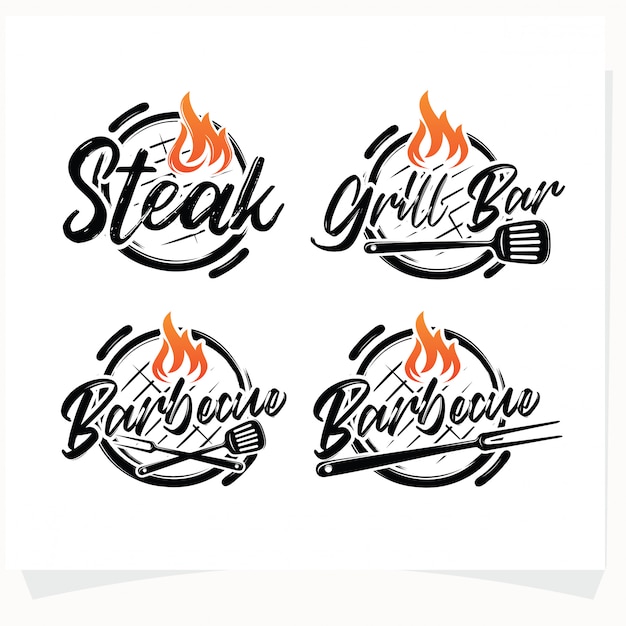 Conjunto De Logotipo De Bbq Steak Grill House Vector Premium