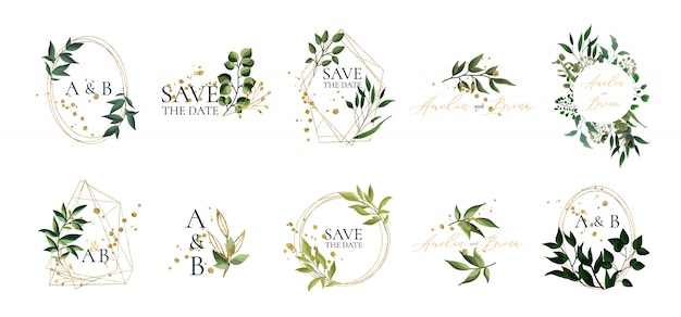 El conjunto de logotipos y el monograma florales de la boda con el marco triangular geométrico de oro de las hojas verdes elegantes para la invitación ahorra el diseño de la tarjeta de fecha. ilustración vectorial botánica vector gratuito