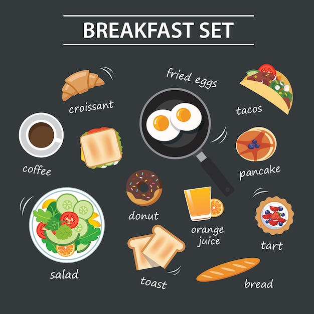 Conjunto de menú de desayuno en pizarra Vector Premium