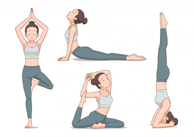 Conjunto De Mujer De Dibujos Animados En Posturas De Yoga Vector Premium