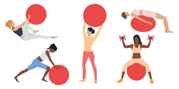 Conjunto de mujeres haciendo ejercicio con bolas suizas. vector gratuito