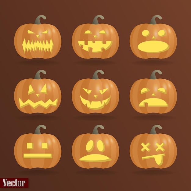 Un Conjunto De Nueve Calabazas Para Halloween Con Diferentes Emociones