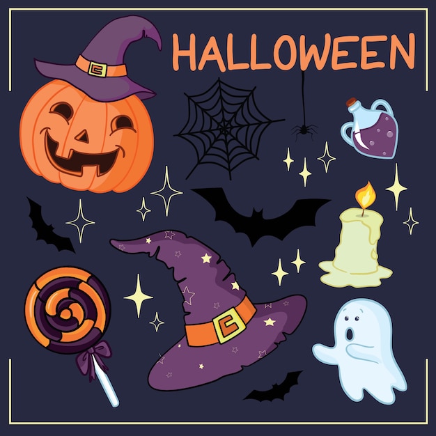 Conjunto de objetos y criaturas relacionadas con halloween. conjunto de iconos de halloween para su diseño. diseño plano. símbolos de halloween. Vector Premium