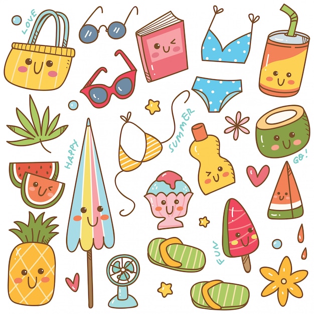 Conjunto De Objetos Relacionados Con El Verano En Estilo Kawaii Doodle