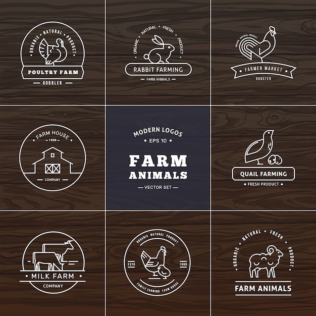 Conjunto de ocho logotipos modernos de estilo lineal con animales de granja con espacio para texto o nombre de la empresa Vector Premium