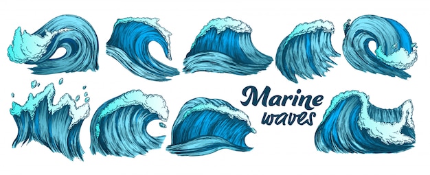 Conjunto de ondas marinas splash color sketch Vector Premium